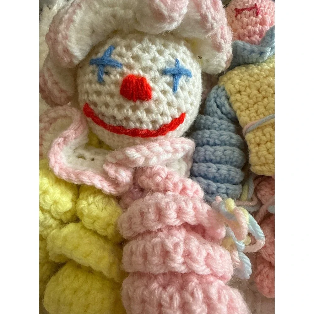 Handmade Crochet Clown Doll Set 3pc Amigurumi Circus Core Plush Yellow Pink Blue
